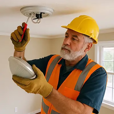 Licensed electrician installing a ceiling light in an Iowa home